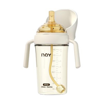 yanyoyo PPSU Spill Proof Weighted Sippy Cup for Toddlers, Baby's First Straw Cup with Handles and Adjustable Strap, Learner Water Bottle with 2 Silicone Nipples BPA Free, 6+ Months (White 8oz 1 Pack)