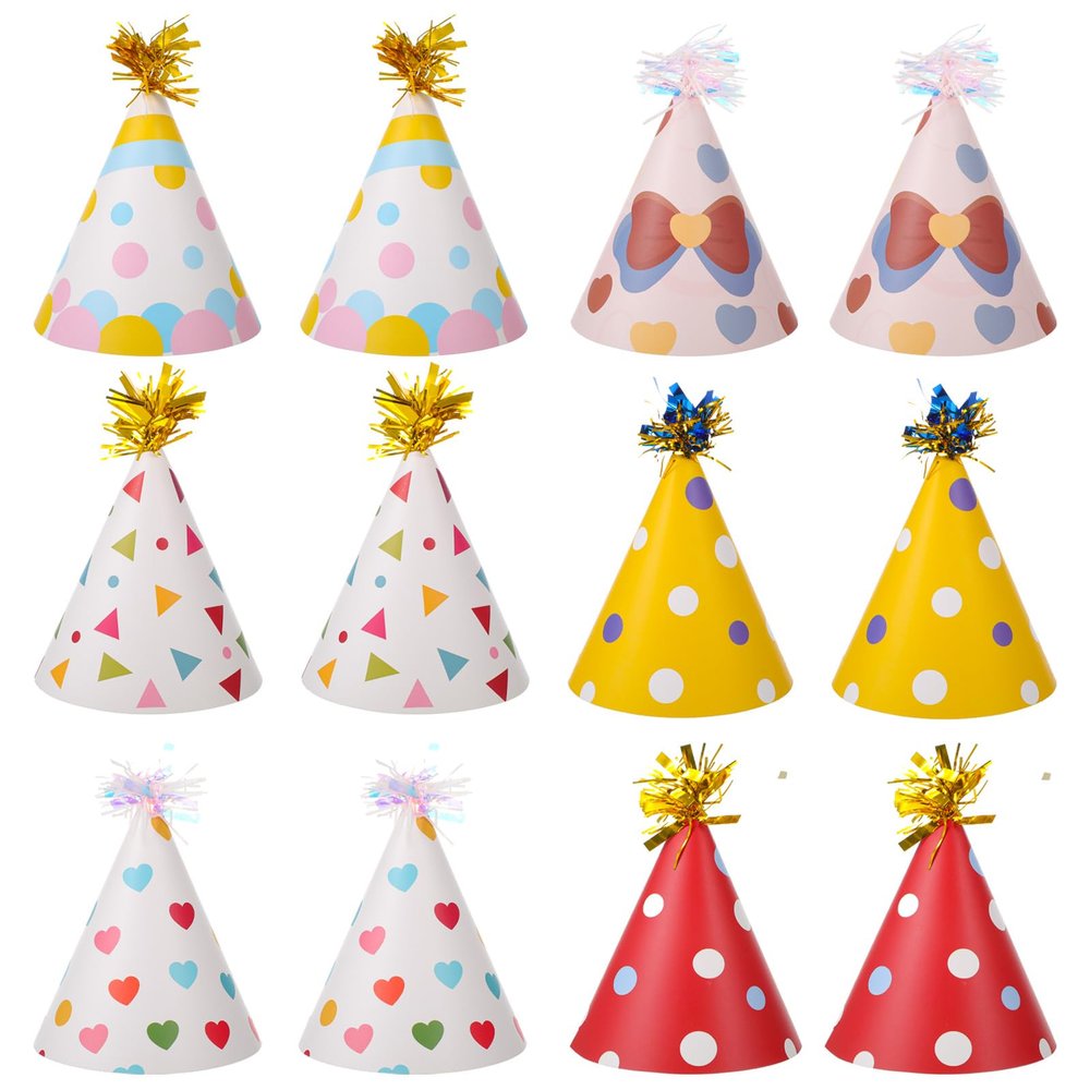 Aeaocvo 12 PCS Birthday Party Hats, Cone Hat with Glitter Pompoms, Cone Paper Hat Adults, Paper Party Headwear for Celebration(A)