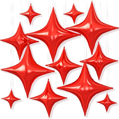 12PCS Red Star Balloons, 26/18/10 Inch Star Foil Balloons, Metallic Red Four Pointed Stars Balloon for Graduation Birthday Baby Shower Halloween Wedding Anniversary New Year Party Decorations