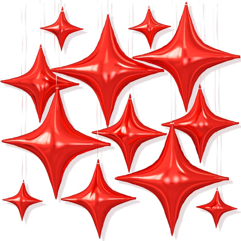 12PCS Red Star Balloons, 26/18/10 Inch Star Foil Balloons, Metallic Red Four Pointed Stars Balloon for Graduation Birthday Baby Shower Halloween Wedding Anniversary New Year Party Decorations