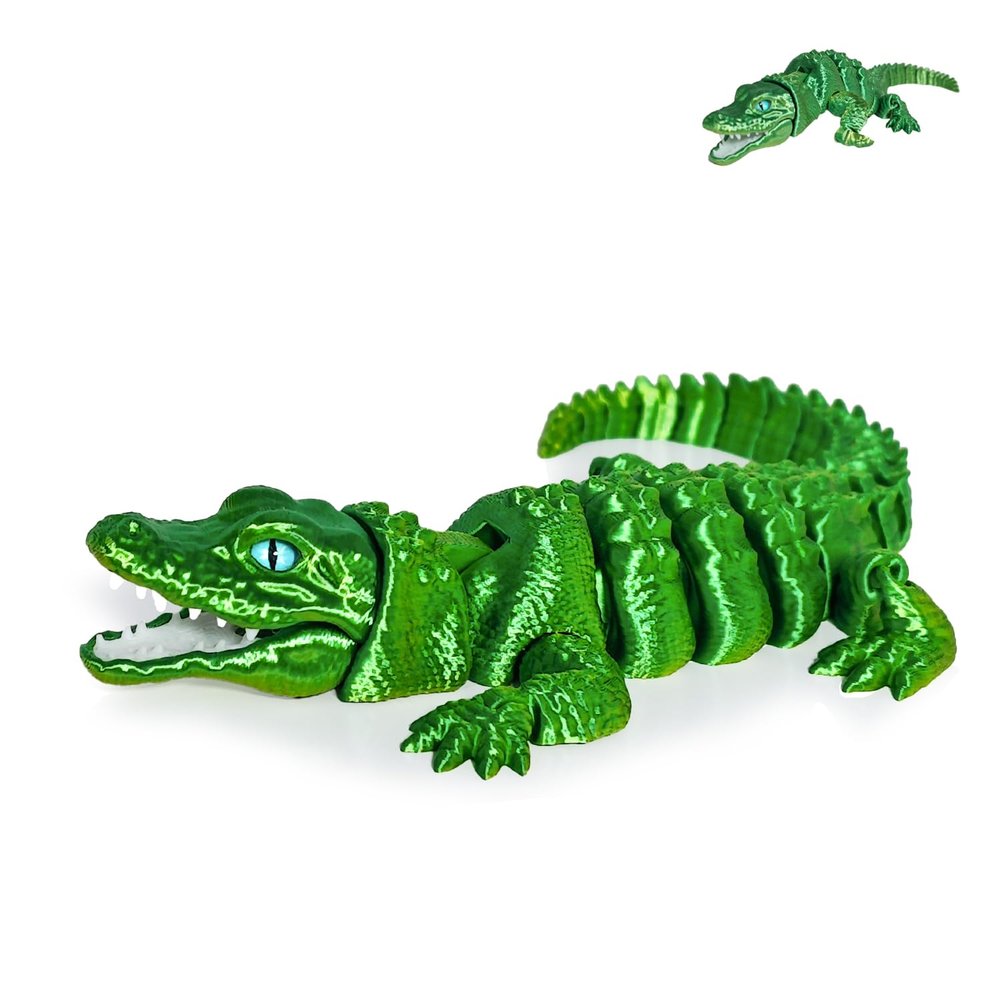 3D Printed Articulated Crocodile - Opening Mouth and Glass Eyes - Flexible Joint Animal Models - Surprise Gifts for Fidget Enthusiasts - Green