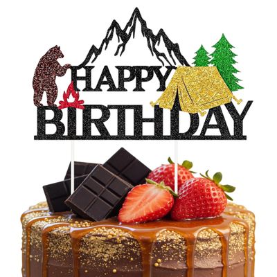 Camping Themed Happy Birthday Cake Topper Black Glitter Mountain Adventure Cake Decor for Birthdays Anniversaries Outdoor Parties Decoration Supplies
