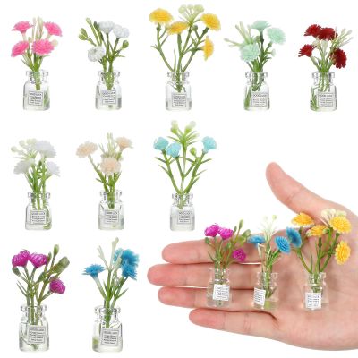 10 Pcs Dollhouse Miniatures Flowers Plants, 1:12 Tiny Small Glow in The Dark Glass Vase Flowers Plant House Decor, Faux Flower Model Miniature Dollhouse Accessories for Tiny Houses