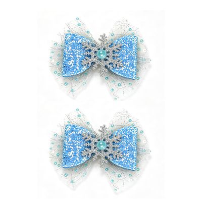 2PCS Blue Snowflake Hair Bow Clips for Girls, Winter Princess Glitter Tulle Bows, Sparkly Mesh Barrettes for Toddlers Little Girls Kids Teens