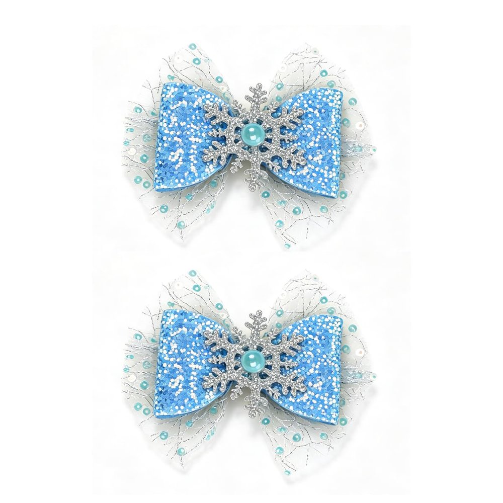 2PCS Blue Snowflake Hair Bow Clips for Girls, Winter Princess Glitter Tulle Bows, Sparkly Mesh Barrettes for Toddlers Little Girls Kids Teens
