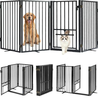 Metal Freestanding Dog Gate with Cat Door for Outdoor Indoor,80" Extra Wide Foldable Pet Fence,30" Tall Dog Gate for Large Opening,Stairs,Hallways,Doorways,Deck,Yard,with 3PCS Support(4 Panels,Black)