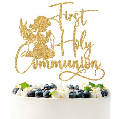Gold Glitter First Holy Communion Cake Topper, First Confiamtion Spanish Baptism Baby Girls Cross Dcor, Religious Christening Wedding Enagement Party Decorations Supplies