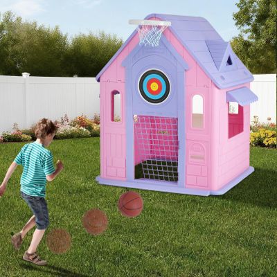 Charming Cottage Kids Playhouse, Indoor/Outdoor Playset, Made of Durable Plastic, Educational Role Play Toy with Basketball Hoop, Dart Board, Soccer Goal, for Kids 3-8Y