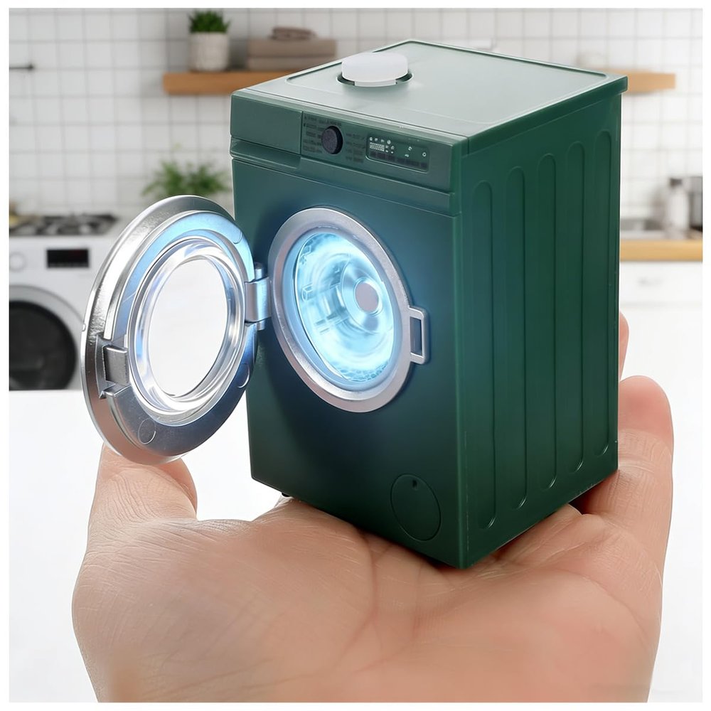 1:12 Scale Dollhouse Miniature Washing Machine, Real Rotating Drum with Openable Lid & Drain Pipe, Micro Landscape Decoration Accessories(Green)