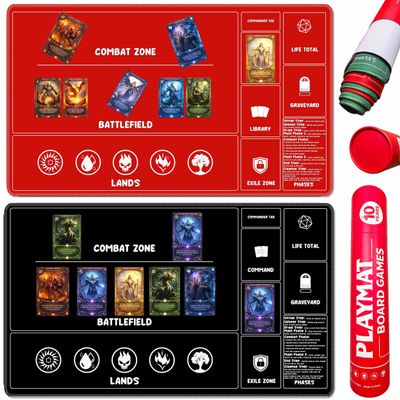 2 Pack MTG Playmat Set with Storage Tube Case Trading Card Game Playmat with Zones & Phase Guide for Beginner Casual Player Non-Slip Base for MTG Commander & TCG Play - Red/Black