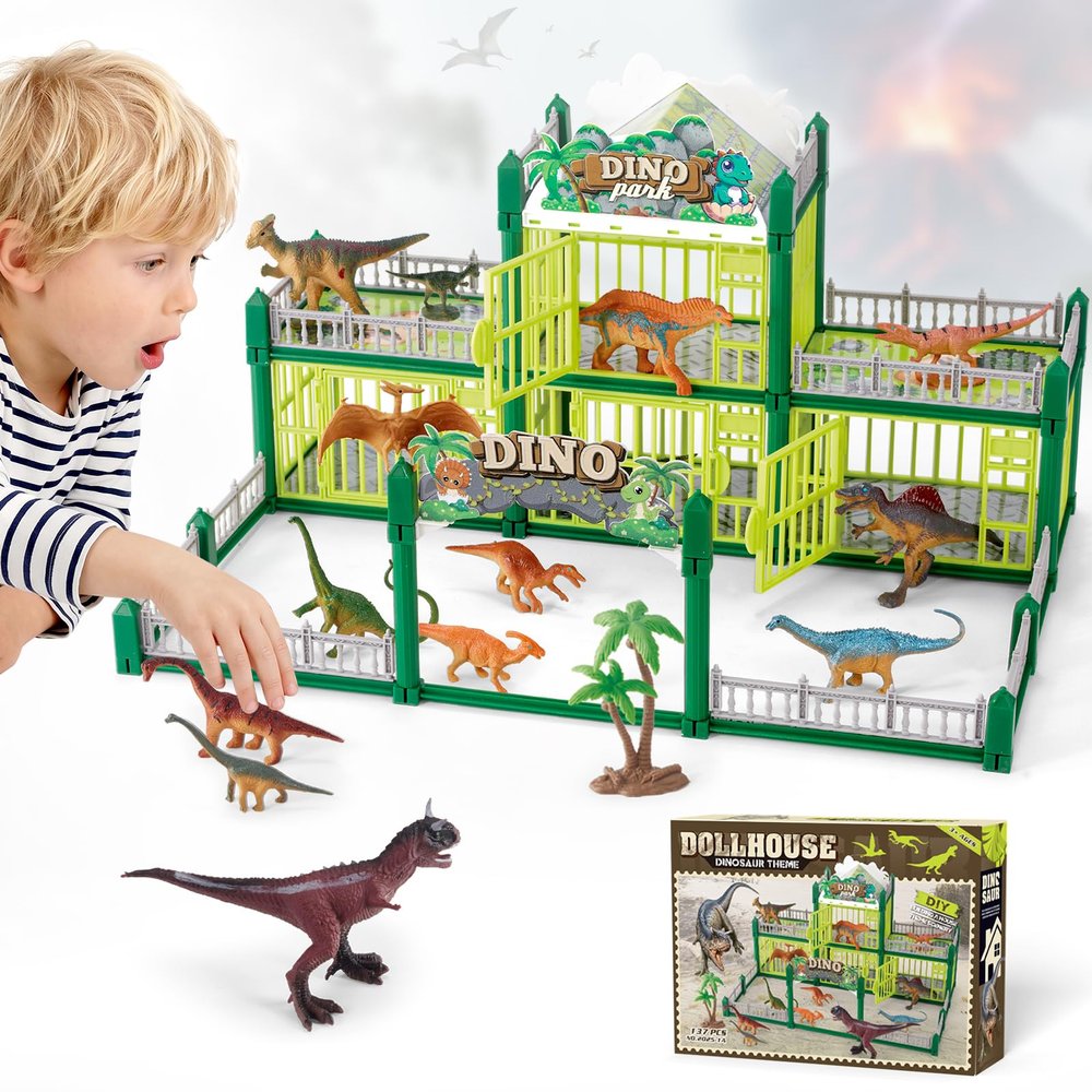 Hisatisfy Dinosaur Building Set with 137PCS 13 Realistic Figures, STEM Toy for Kids 3-8, Create Your Own Dino World, Openable Cages & Battle Action, Birthday Gift for Boys & Girls, Square