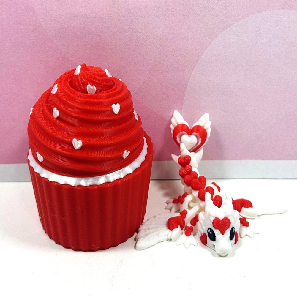 3D Printed Dragon, Articulated Baby Love Wybern Dragon in Cupcake Container, Pink and Red Baby Love Dragon, Fidget ADHD Autism Toy, Valentine's Gift, Executive Desk Toy - CCLDR003-WB-RED