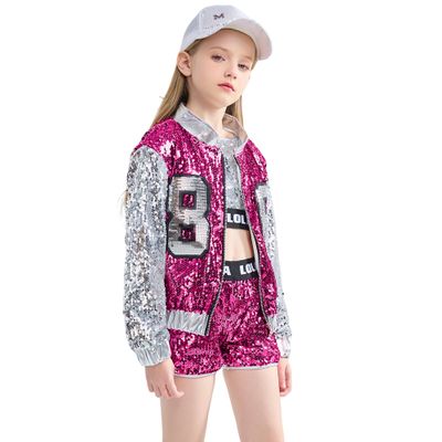 LOLANTA Hip hop Dance Outfits Girls Dancing Clothing Se Silver Sequin Jacket Shorts Sets Kids Stage Performances (RoseRed, 8-10)