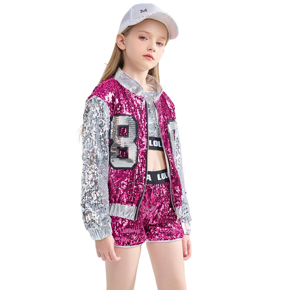 LOLANTA Hip hop Dance Outfits Girls Dancing Clothing Se Silver Sequin Jacket Shorts Sets Kids Stage Performances (RoseRed, 8-10)