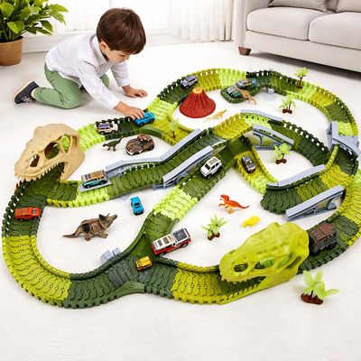 Garvee Dinosaur Race Track Toy for Kids, Dino Track Playset with Cars and Figures, Build a Dinosaur World Adventure Slide Park, Birthday Gift for Boys and Girls Ages 38