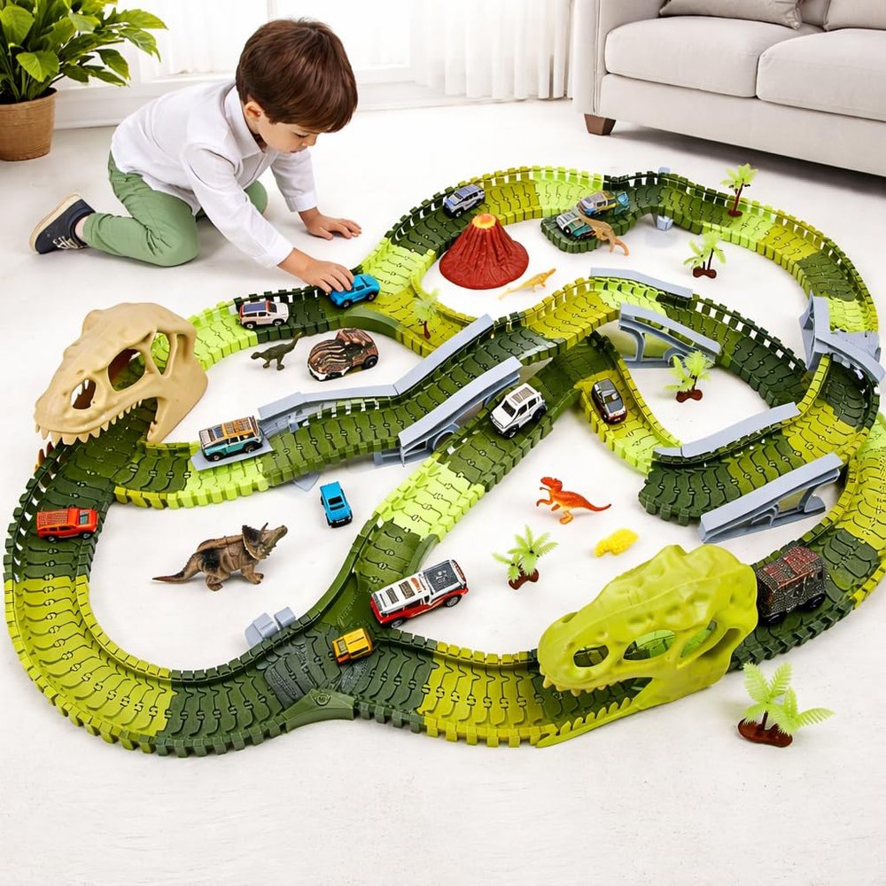 Garvee Dinosaur Race Track Toy for Kids, Dino Track Playset with Cars and Figures, Build a Dinosaur World Adventure Slide Park, Birthday Gift for Boys and Girls Ages 38