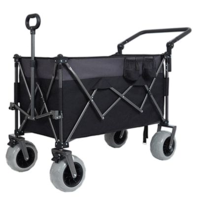 Heavy-Duty Folding Wagon Cart with All-Terrain Balloon Wheels, Ergonomic Adjustable Handle, and Large 300L Capacity for Outdoor Transport (Black+ Gray + Steel-1)