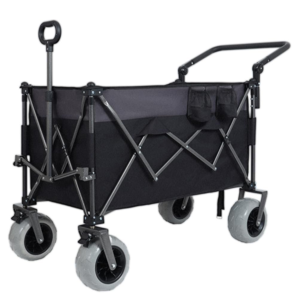 Heavy-Duty Folding Wagon Cart with All-Terrain Balloon Wheels, Ergonomic Adjustable Handle, and Large 300L Capacity for Outdoor Transport (Black+ Gray + Steel-1)