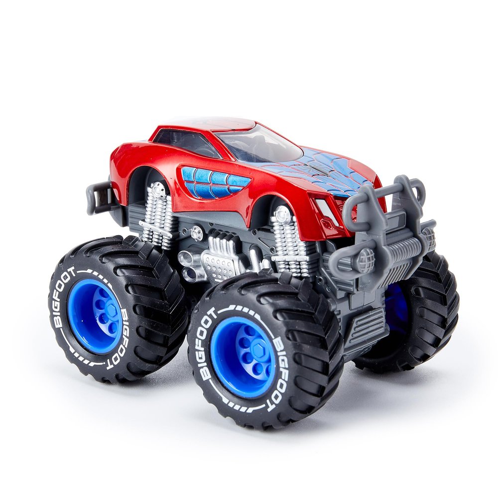 Iridety Boys and Girls 1:64 Scale Monster Trucks Toy Trucks,Metal Body,Giant Wheels, 4-Wheel Drive Friction Powered,Favorite Superhero and Cool Designs, Age 3, 4 (Spider)