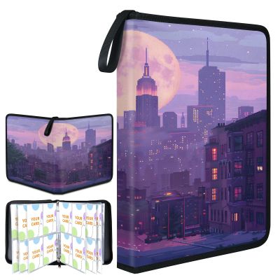 Gublec Card Binder, Fantasy Quite City Trading Card Holder with Zip & Clear Sleeves, Leather, Holds 400/900 Cards for Game Cards, Sports Cards