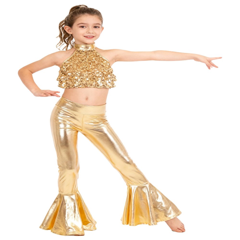 QinCiao Kids Girls Street Hip Hop Jazz Dance Outfit Sequin Disco Crop Top with Metallic Bell Bottom Pants Set Gold 12 Years