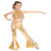 QinCiao Kids Girls Street Hip Hop Jazz Dance Outfit Sequin Disco Crop Top with Metallic Bell Bottom Pants Set Gold 12 Years view 1