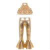 QinCiao Kids Girls Street Hip Hop Jazz Dance Outfit Sequin Disco Crop Top with Metallic Bell Bottom Pants Set Gold 12 Years view 2
