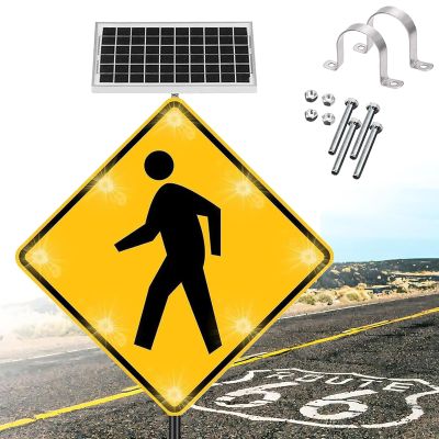 Solar-Powered LED Pedestrian Crossing Sign - 30" Rust-Proof Aluminum Traffic Sign with Flashing Lights for Enhanced Street Safety and Visibility