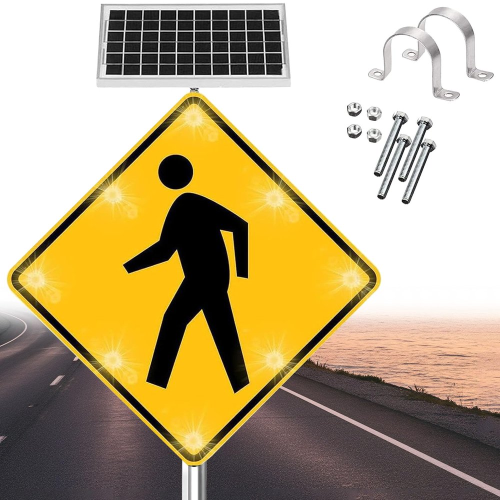 30" Solar LED Flashing Pedestrian Crossing Sign - Solar-Powered Traffic Alert for Driveways, Crosswalks & Neighborhoods - Improve Road Safety & Visibility