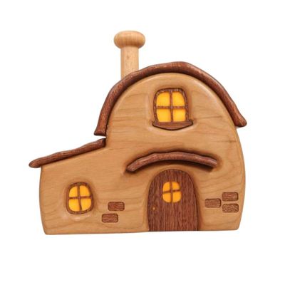 Wooden Storybook House Decor Set, Handcrafted Cottage Home Ornaments with Warm Light Windows, Village Display for Shelf, Desk, Tabletop (Weekend Cottage House Model)