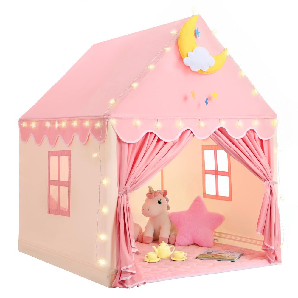 GeeSound Kids Tent for Grils Indoor: with Mat, Star Lights - Pink Play Tents for Kids Indoor Playhouse - Princess Tent for Playroom Gift for Girls Birthday (Pink W/Cloth)