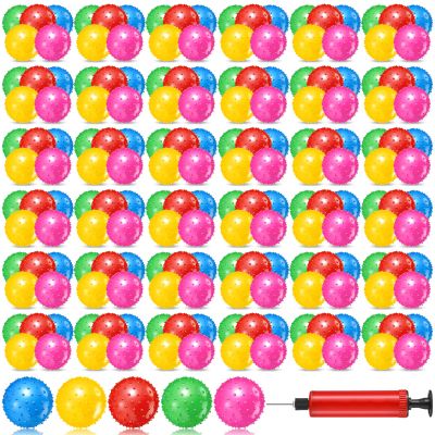 Lenwen 200 Pcs Kids Knobby Balls 5.5 Inch Soft Bouncy Balls Bulk for Toddlers Inflatable Sensory Toys with Air Pump Spiky Massage Stress Toys for Kindergarten Playground Backyard Pool, 5 Color