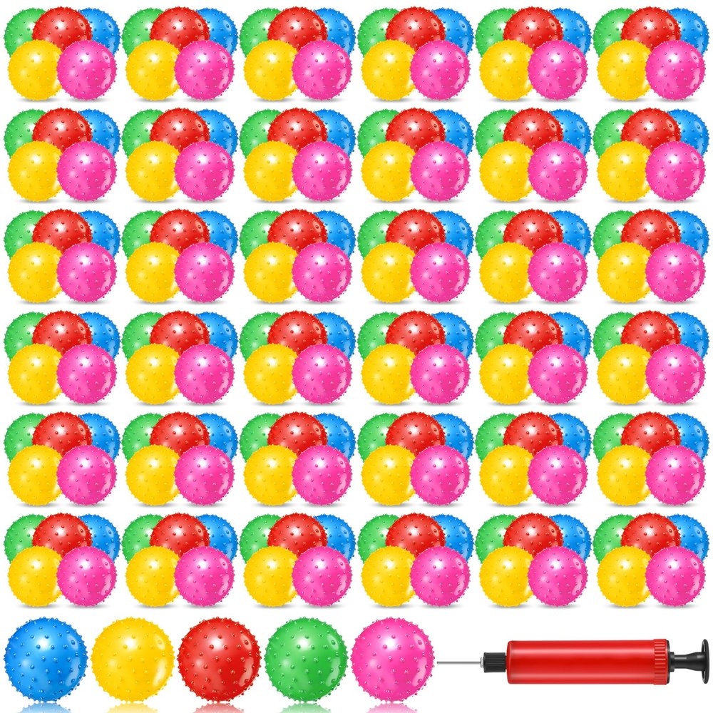 Lenwen 200 Pcs Kids Knobby Balls 5.5 Inch Soft Bouncy Balls Bulk for Toddlers Inflatable Sensory Toys with Air Pump Spiky Massage Stress Toys for Kindergarten Playground Backyard Pool, 5 Color