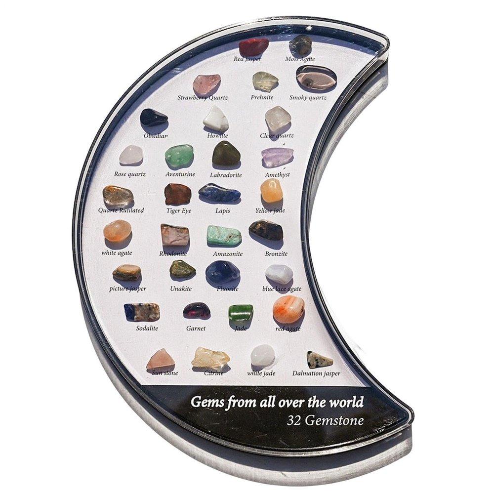 Gem Stones for Kids, 32pcs Natural Crystal Collection Specimen Box in Acrylic Case (8x15cm), STEM Science Activities, Geography Education, Home Decoration, Unique Gift for Boys & Girls