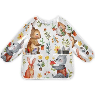 SUABO Kids Art Smock Sleeved Bib Long Sleeve Easter Rabbit Leaf Child Painting Apron for Eating