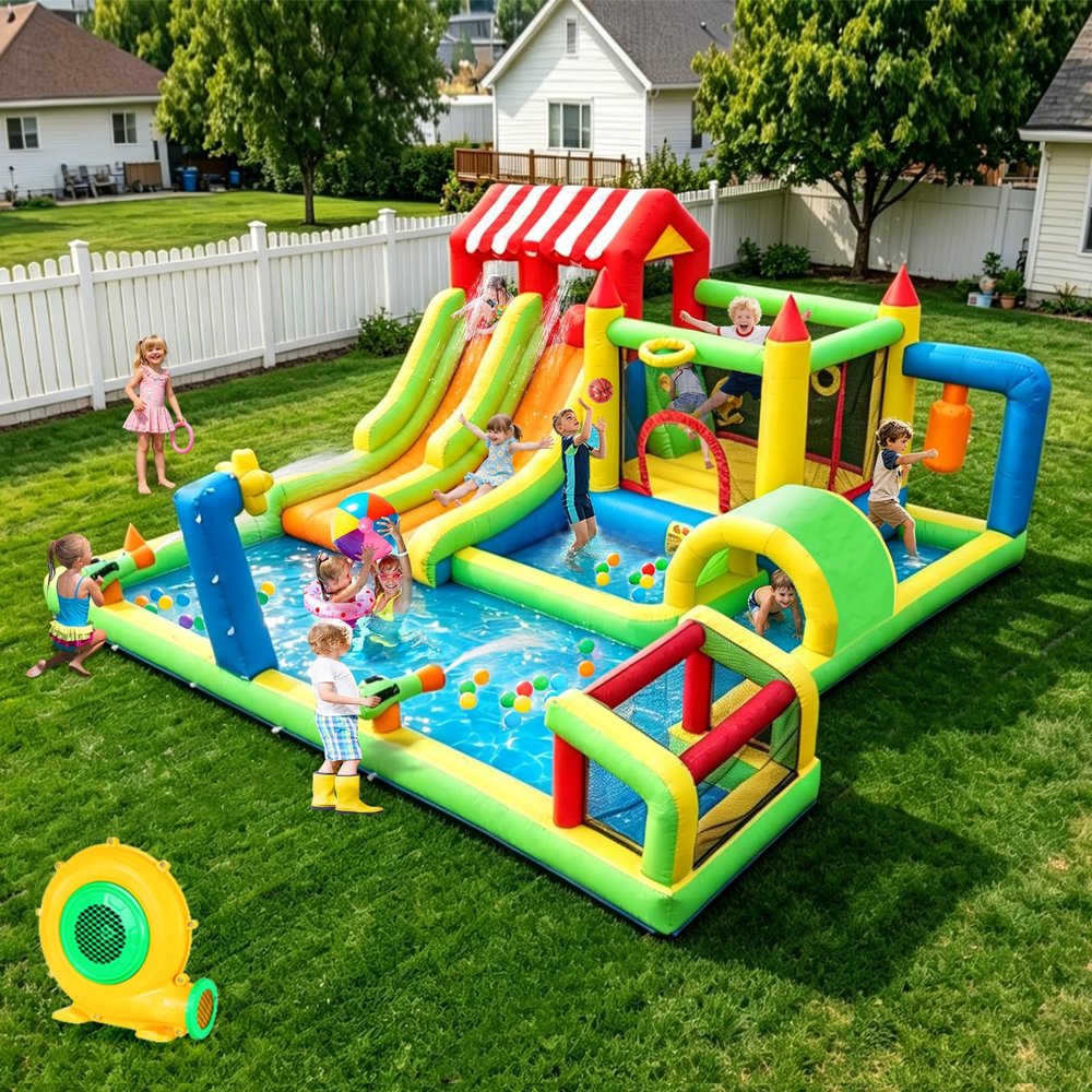 Step4Fun 11-in-1 Inflatable Water Slide Bounce House, Large Backyard Water Park with Climbing Wall & Dual Slides, Bouncy Castle for Big Kids