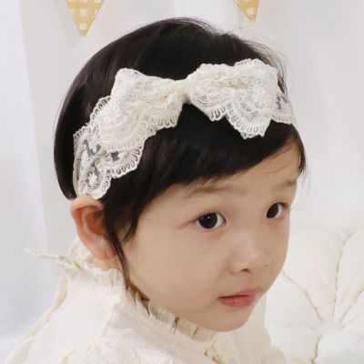 Rannyrena Off-white Lace Floral Baby Girls Headband with Pearl Bow Birthday Shower Infant Wrap Elastic Baby Shower Turban Hairband for Newborn Infant Toddler Kids (Ivory 3)