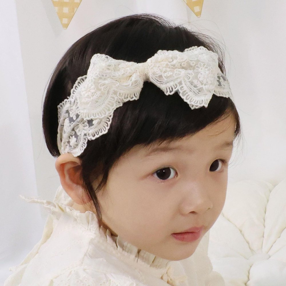 Rannyrena Off-white Lace Floral Baby Girls Headband with Pearl Bow Birthday Shower Infant Wrap Elastic Baby Shower Turban Hairband for Newborn Infant Toddler Kids (Ivory 3)