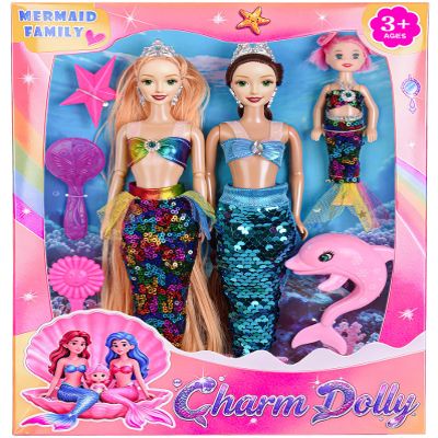 11.5 inch Mermaid Dolls Set with Accessories - Two Princess Dolls, One Small Girl Doll, a Dolphin Toy, One Star Toy, Two Comb- Summer Water Play Birthday Gift for Kids 3+