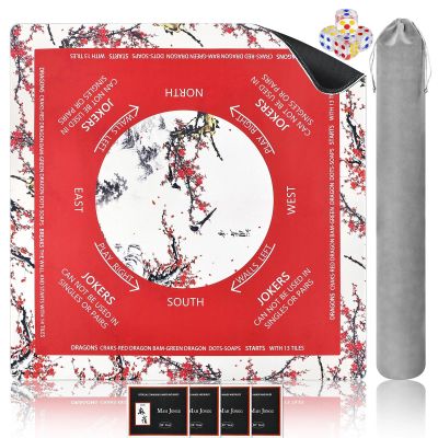 Yun-aeon Chinoiserie Mahjong Mat 32.6"x32.6" - Plum Blossom Art Non-Slip Rubber Table Cover, Noise Reduction Gaming Mat for Poker, Board Games, Card Games & Dominoes, with Dice, Manual & Velvet Bag