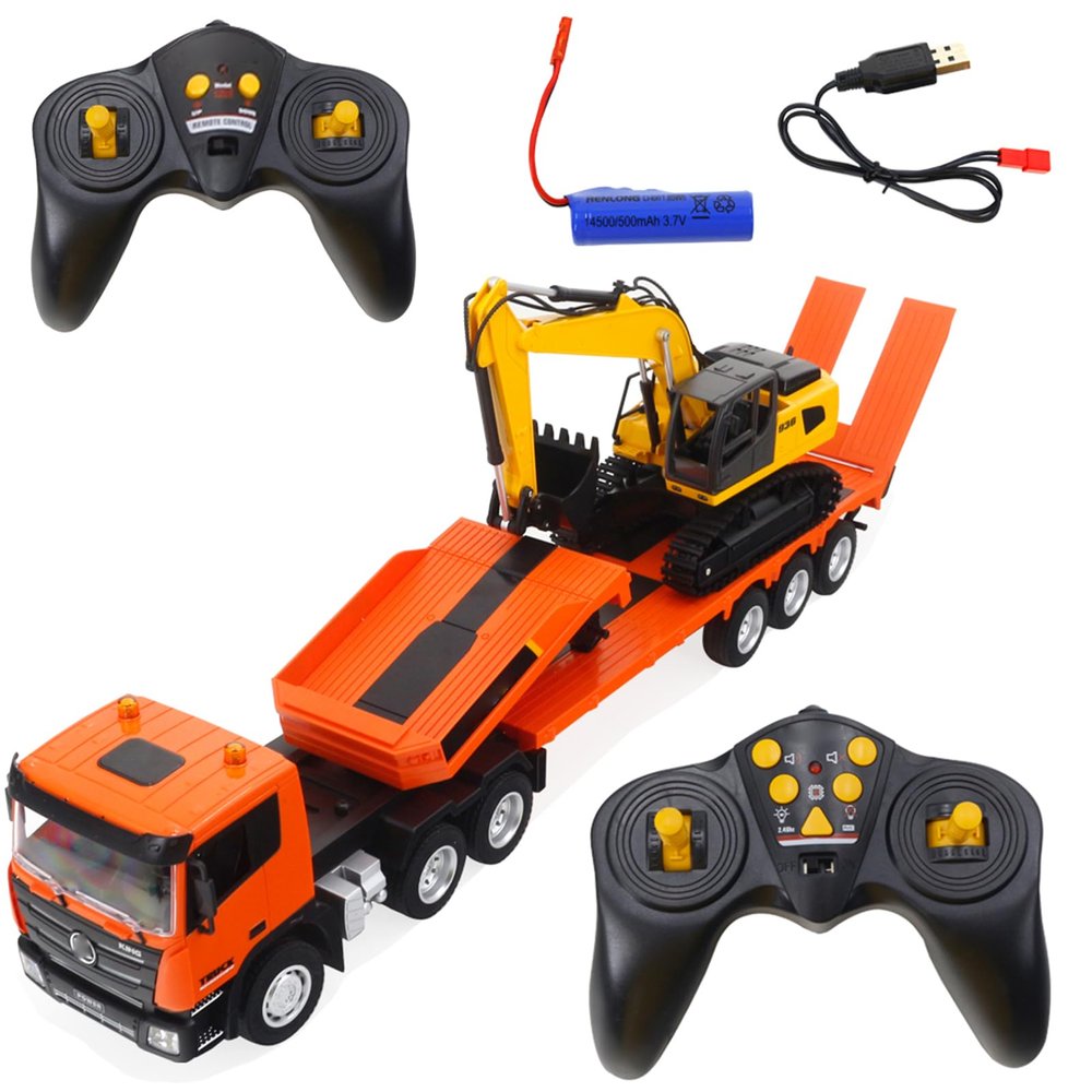 Authticar 2.4G RC Construction Truck with Excavator Set, 1:24 Scale Remote Control Construction Vehicle Model Kit with Sound and Lights