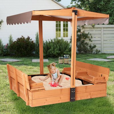 MEDEHOO Sandbox with Lid and Cover, Outdoor Sand Box for Kids with 360 Adjustable Canopy, 2 Foldable Bench Seats & Sand Leak-Proof Liner