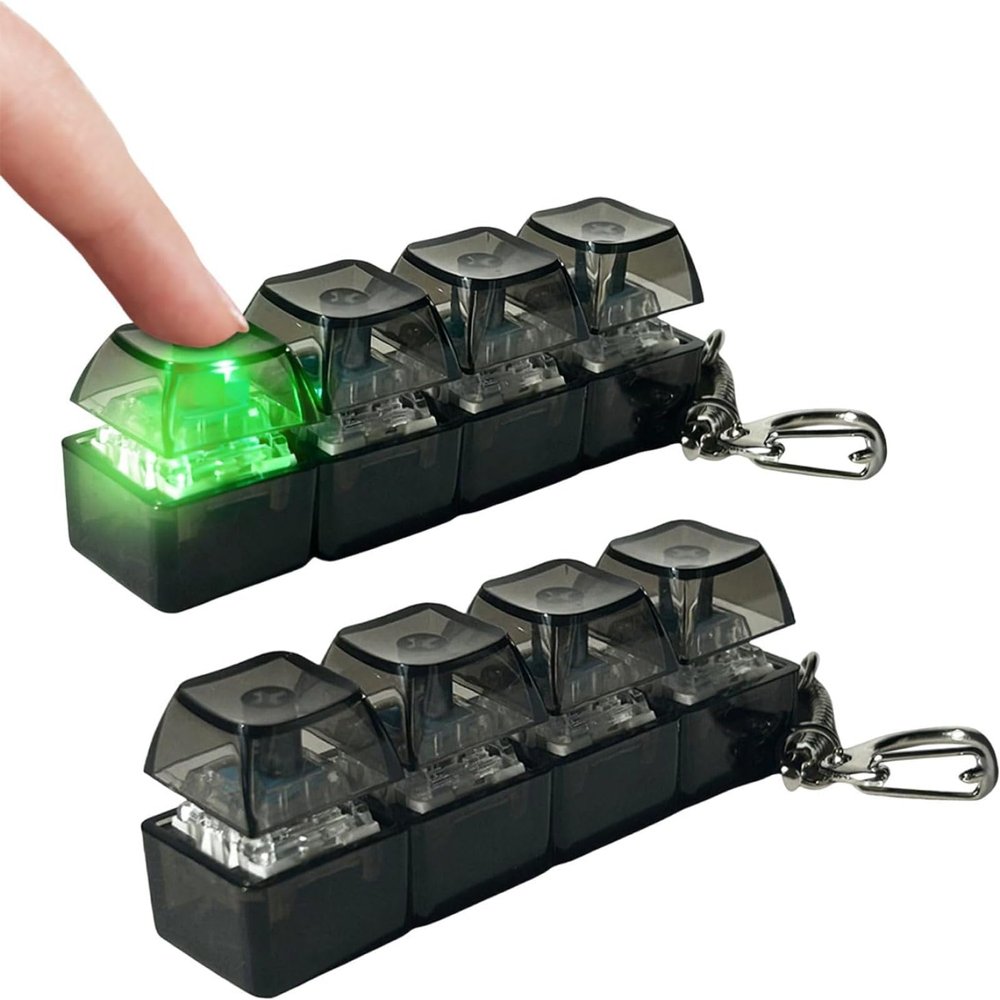 2 Keyboard Fidget Toy Light Up, 4-Button Fidget Keyboard Keychain Stress Relief Toys,Keyboa rd Dec ompression Button Finger Transparent Colorful Clicker for Adults Kids Boy Family Travel Backpack