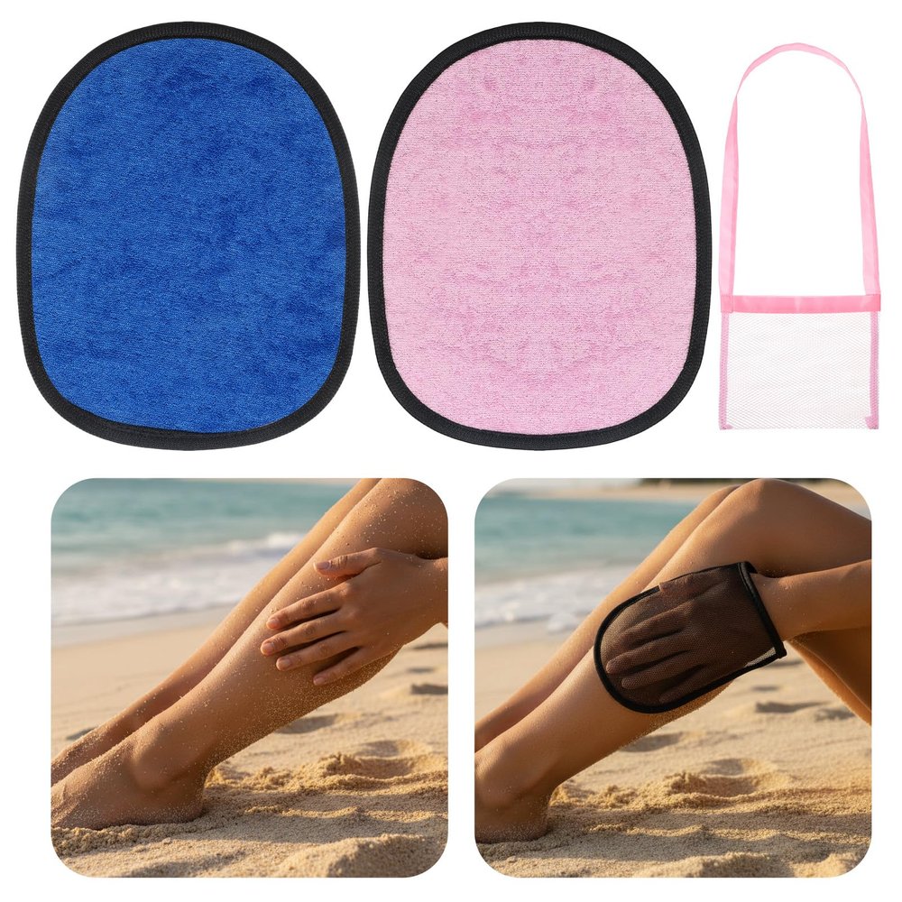 Apojgitn 2PCS Sand Remover for Beach, Sand Eraser Mitts & Storage Bag for Women, Summer Vacation Essentials, Beach Day Accessories for Kids Hawaii Trip(Blue & Pink)