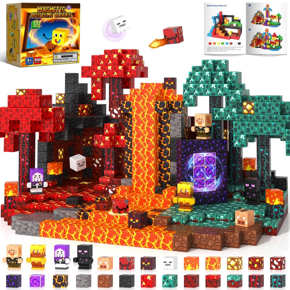 300PCS 0.8in Magnetic Blocks, 8 Strong Magnets Building Cubes Support Misaligned Stacking, Nether Theme STEM Toys for Kids 4-12, Sensory Educational Magnets Gifts for Boys Girls