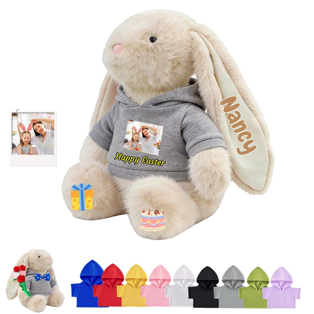 Personalized Stuffed Bunny Plush with Photo Name, Custom Bunny Stuffed Animal for Baby Kids Adults, Soft Long Ear Rabbit Plush as Personalized First Easter Gifts on Easter Christmas, 10 inch