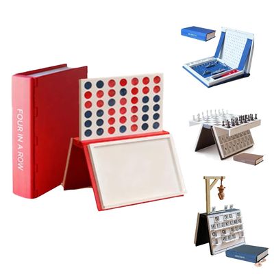 3D Style Magnetic Board Game Book Collection, 4 Assorted Tabletop Games for Adults: Chess, Sea Battle, Four in a Row & Cowboy Theme Word Guessing Game, Bookshelf Edition (Four in a Row)