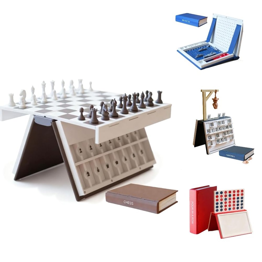 3D Style Magnetic Board Game Book Collection, 4 Assorted Tabletop Games for Adults: Chess, Sea Battle, Four in a Row & Cowboy Theme Word Guessing Game, Bookshelf Edition (Chess)