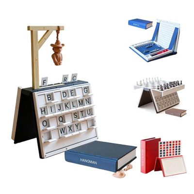 3D Style Magnetic Board Game Book Collection, 4 Assorted Tabletop Games for Adults: Chess, Sea Battle, Four in a Row & Cowboy Theme Word Guessing Game, Bookshelf Edition (Hangmans)