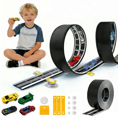 16.4Ft Flexible Race Track for Kids Ages 3+, Patterned Dual-Lane Roll Up Race Track Set with 4 Toy Cars & Suction Cups, Compatible with 1/64 Diecast Cars, Portable DIY Racing Toy (Black)
